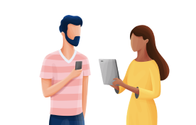 ilustração de um homem com um celular na mão e uma mulher com um tablet